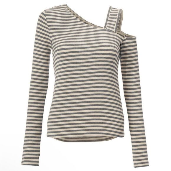 Cabi Gray & Craem Striped Cold Shoulder Dare Tee (4568). Medium NWOT - Picture 2 of 9